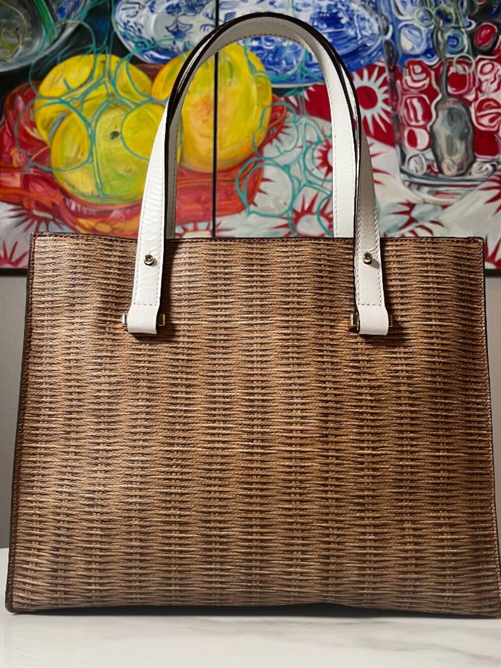 Kate Spade Pack a Picnic RARE Woodgrain Leather Structured Tote Storybook Lining - Picture 3 of 13